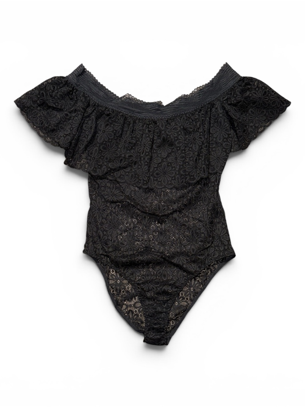 Victoria Secret Small Black Off-Shoulder Ruffle Lace Bodysuit New